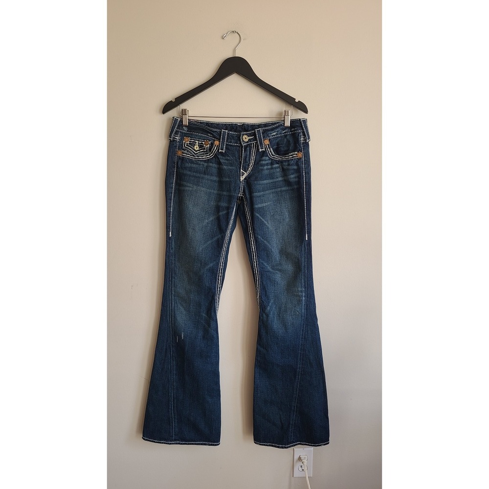 True Religion Joey Big T Flared Jeans Dark Wash White Stitch Women 30 USA
